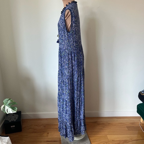 Poupette St Barth Clara Floral Blue Tassle Button Up Maxi Sun Dress EUC Size S - Picture 2 of 9